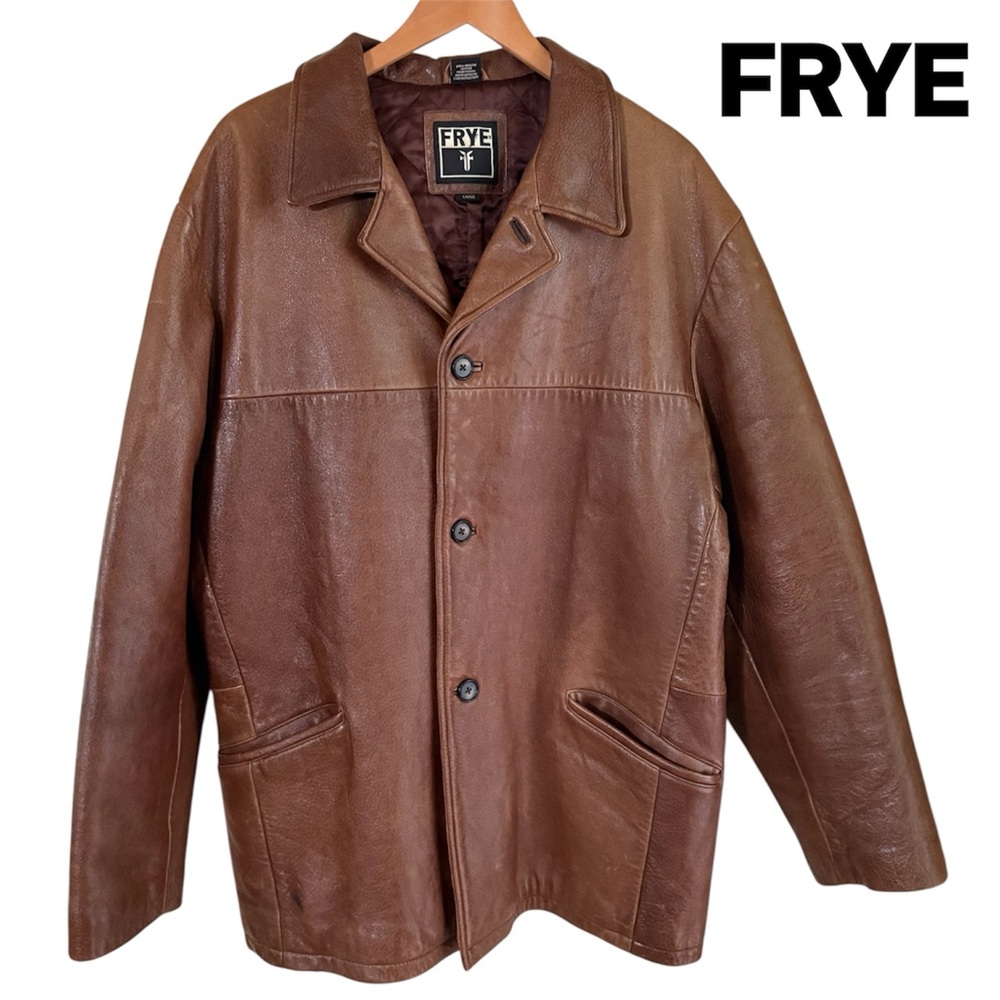 FRYE Y2K Brown Leather Car/Chore Coat Jacket Men's Large Quilted Lined. GUC